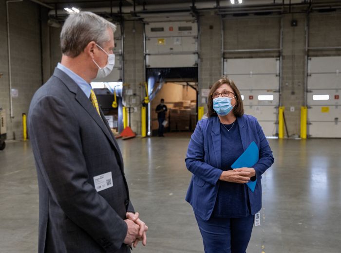 Catherine D'Amato speaks with Governor Charlie Baker Greater Boston Food Bank