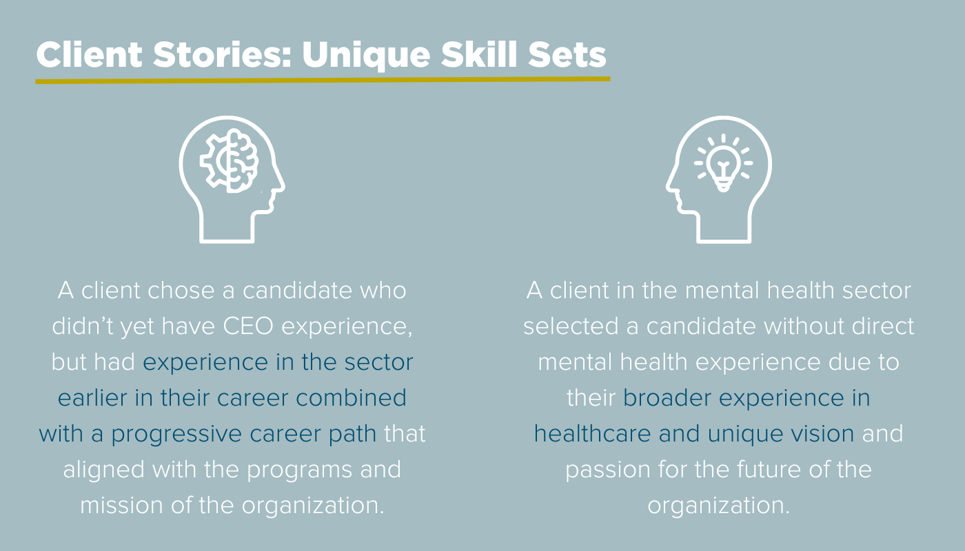 a graphic that illustrates the client stories discussed in the above text. highlighting why the candidates unique skill sets made them perfect for the job.